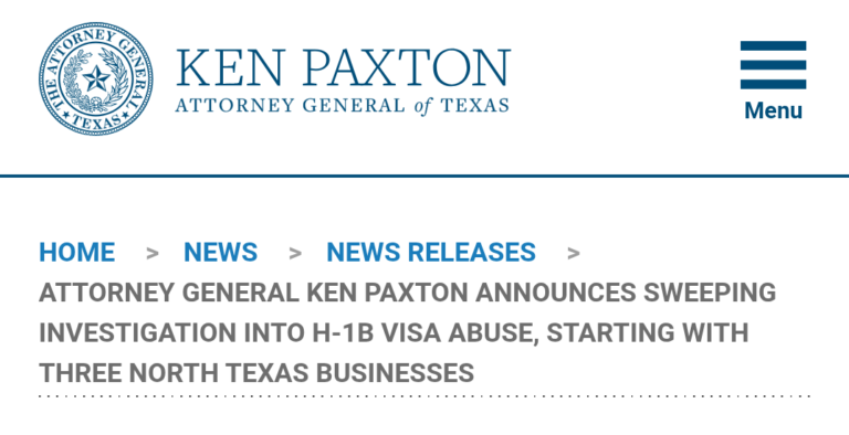 എച്ച്-1ബി വിസ ദുരുപയോഗത്തെക്കുറിച്ച് അറ്റോർണി ജനറൽ കെൻ പാക്സ്റ്റൺ സമഗ്രമായ അന്വേഷണം പ്രഖ്യാപിച്ചു, മൂന്ന് നോർത്ത് ടെക്സസ് ബിസിനസുകളിൽ നിന്നാണ് ഇത് ആരംഭിക്കുന്നത്.