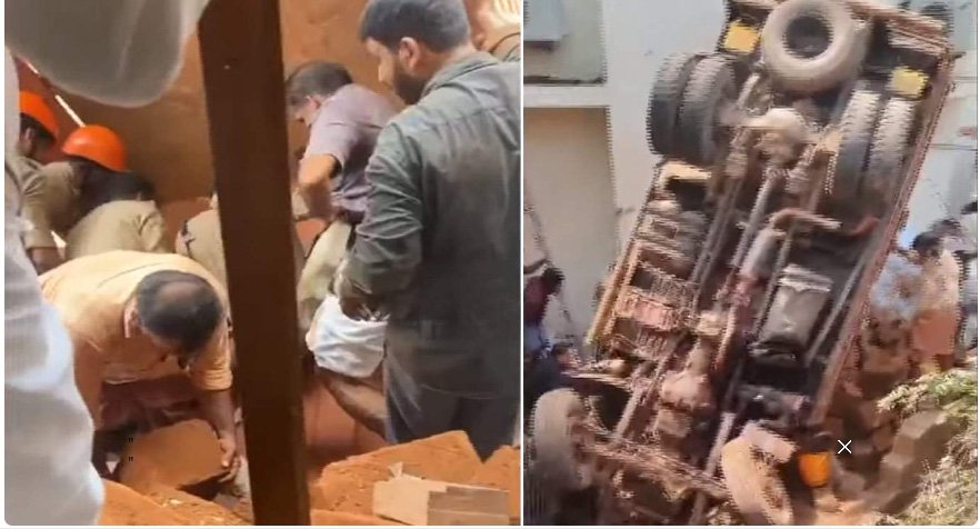 കണ്ണൂരിൽ ചെങ്കല്ലുമായി പോയ ലോറി തലകീഴായി മറിഞ്ഞു; ഡ്രൈവര്‍ കുടുങ്ങി