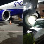 നി​ർ​ത്തി​യി​ട്ടി​രു​ന്ന ഇ​ൻ​ഡി​ഗോ വി​മാ​ന​ത്തി​ൽ ജീ​പ്പ് ഇ​ടി​ച്ച് അ​പ​ക​ടം