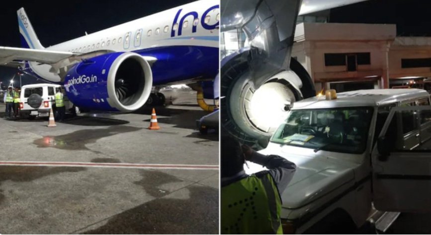 നി​ർ​ത്തി​യി​ട്ടി​രു​ന്ന ഇ​ൻ​ഡി​ഗോ വി​മാ​ന​ത്തി​ൽ ജീ​പ്പ് ഇ​ടി​ച്ച് അ​പ​ക​ടം