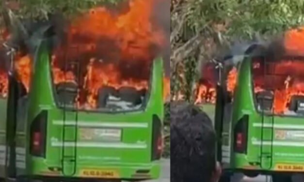 ഓ​ടി​ക്കൊ​ണ്ടി​രു​ന്ന ബ​സി​ന് തീ​പി​ടി​ച്ചു; വ​ൻ ദു​ര​ന്തം ഒ​ഴി​വാ​യി